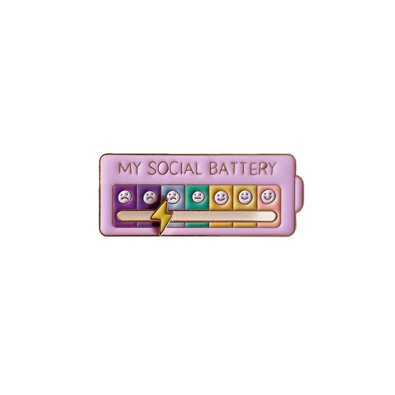 Enamel pin with 'My Social Battery' design on a white background