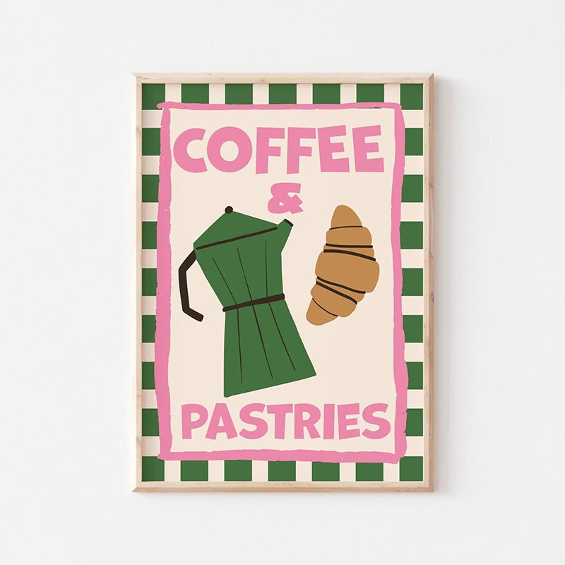 Framed artwork with a coffee maker and croissant illustration and text 'Coffee & Pastries' on a striped background.