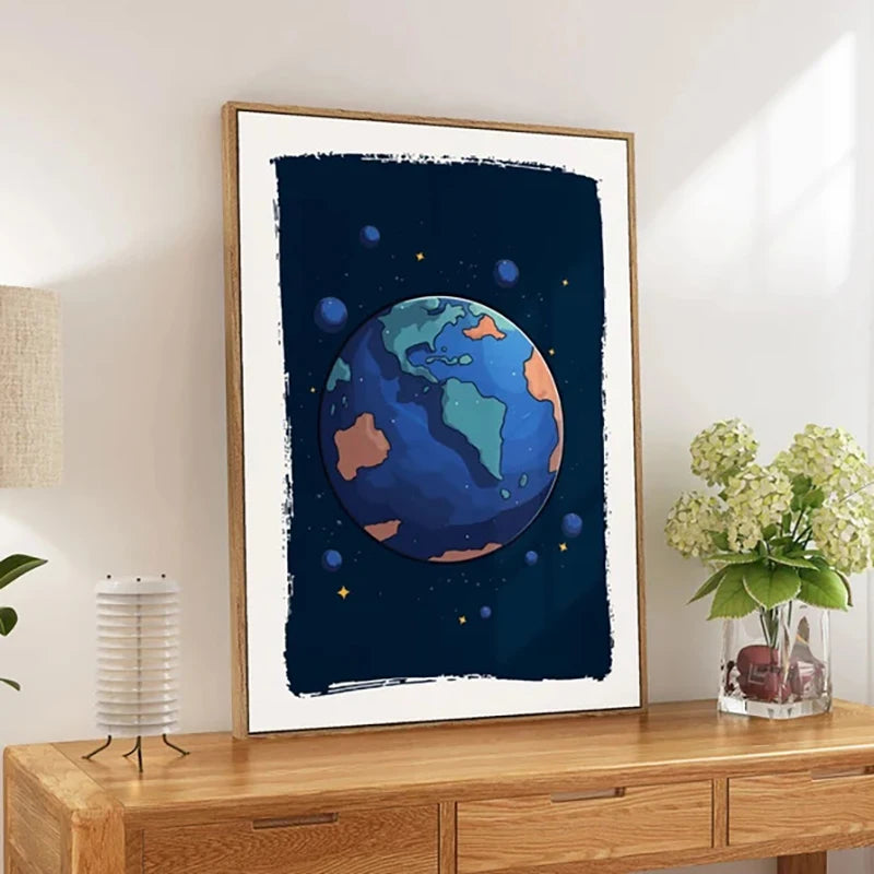 Framed artwork of a stylized Earth on a wall above a wooden console table.