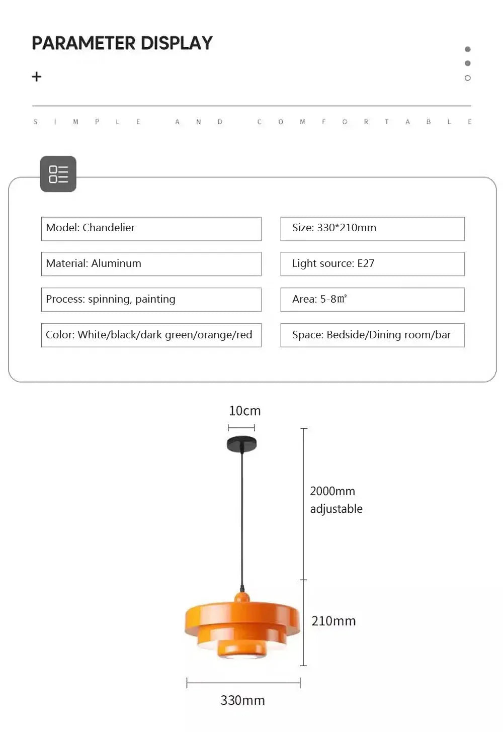 Orange chandelier with dimensions and specifications on a white background