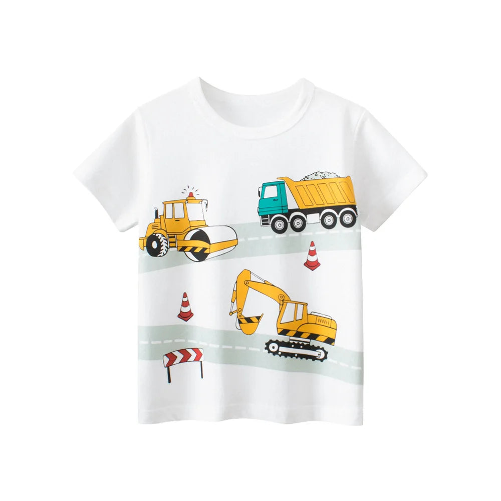 Children's t-shirt with construction vehicle graphics on a white background