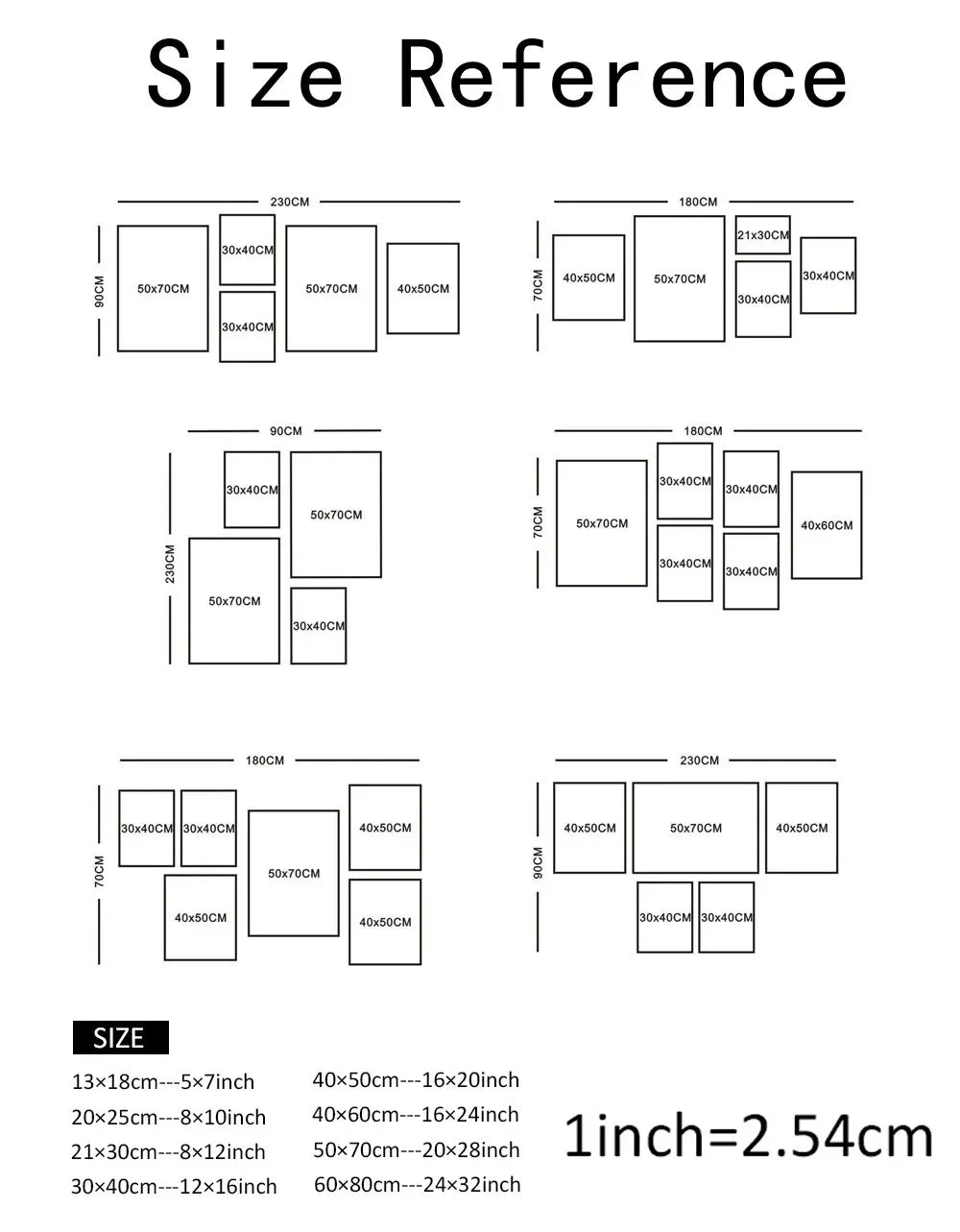 Size reference chart for wall art dimensions with measurements in centimeters and inches.