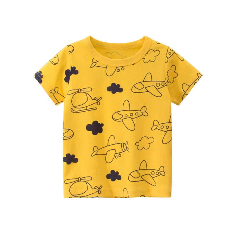 Yellow t-shirt with airplane and helicopter patterns on a white background