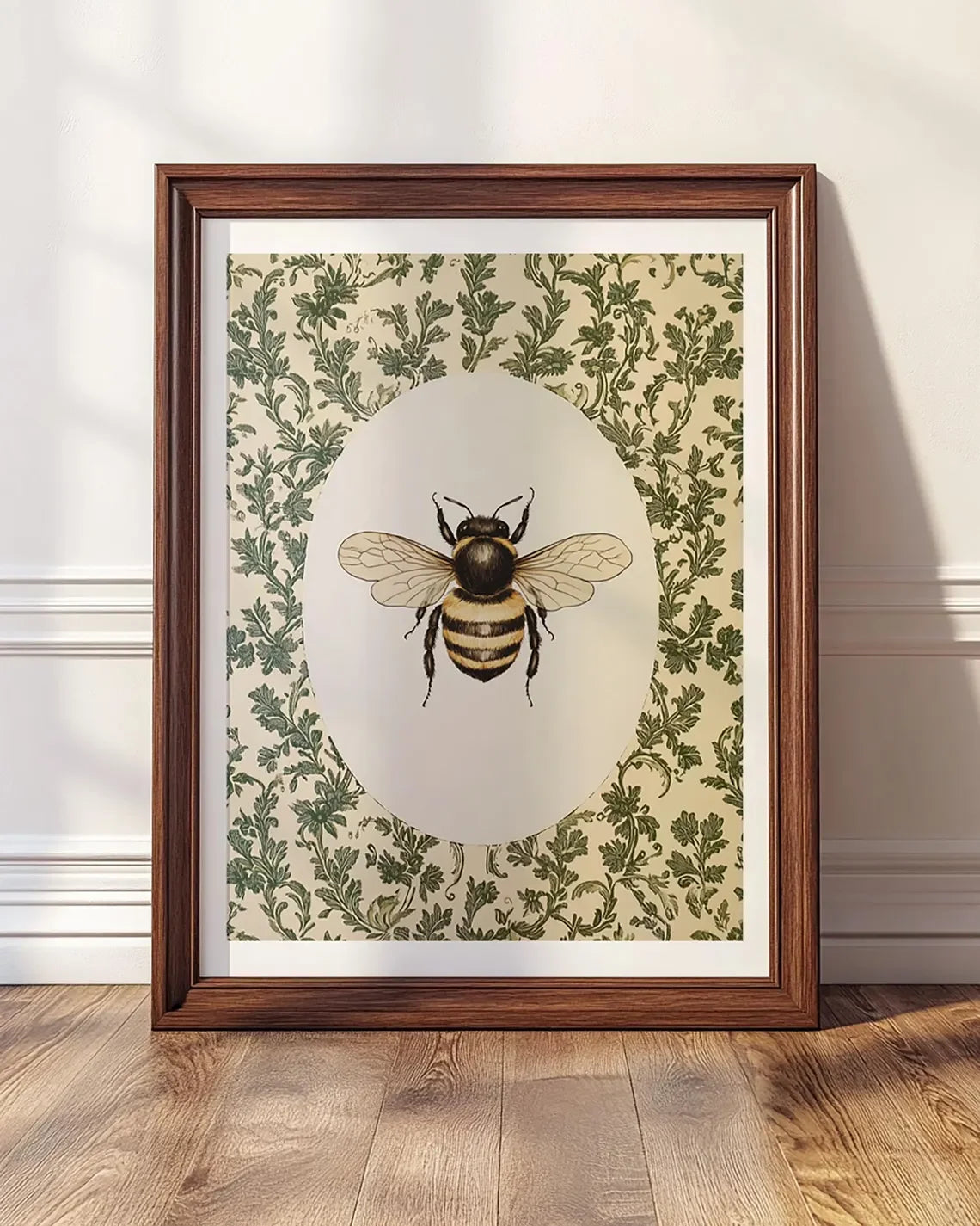 Framed artwork of a bee on a floral background