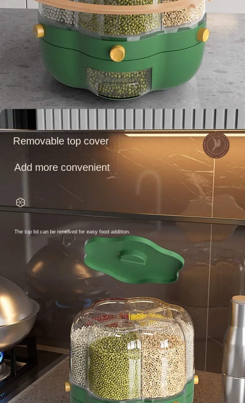 360° rotating cereal and grain dispenser with multiple compartments