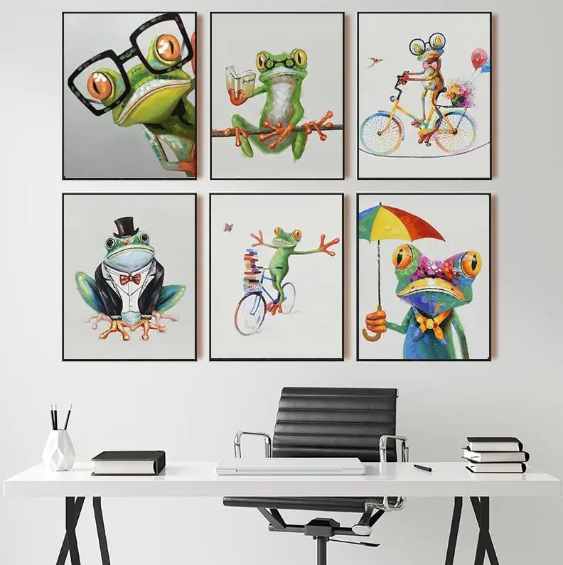 Set of six colorful frog-themed wall art prints on a white wall above a desk.