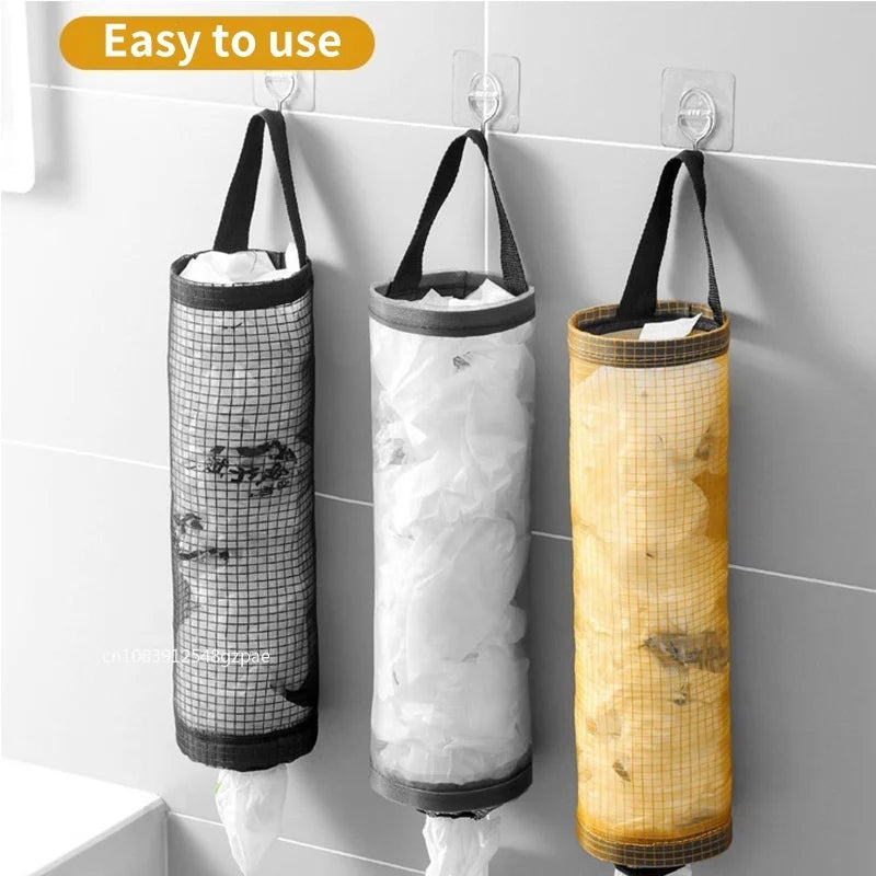 Three cylindrical mesh bags hanging on a tiled wall with text 'Easy to use'.