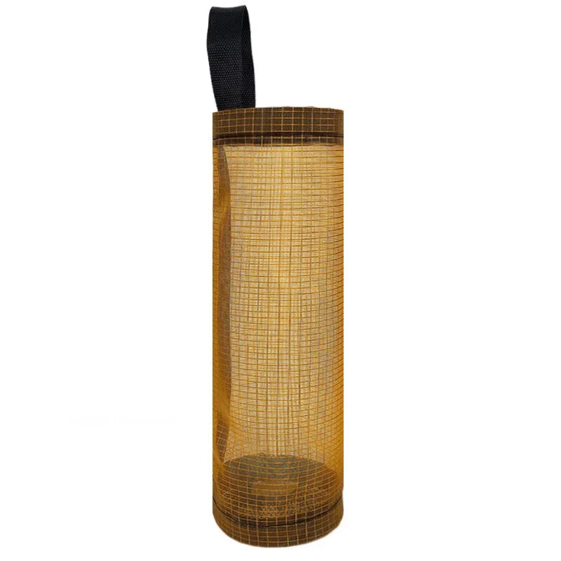 Umbrella stand with woven design and black handle on a white background