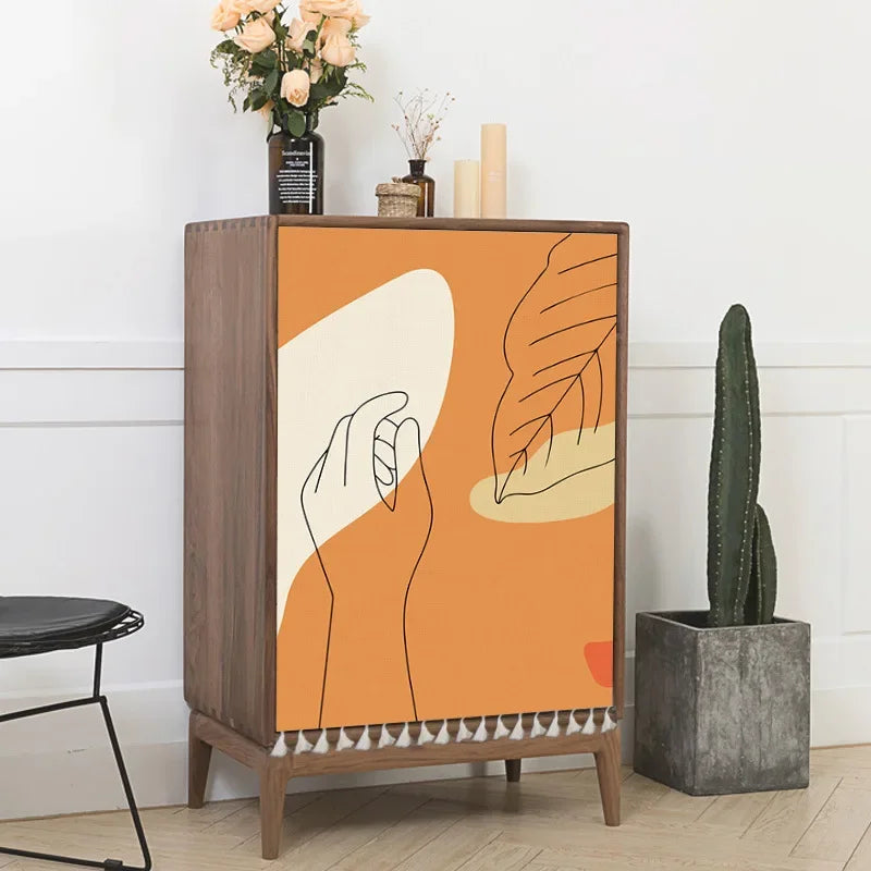 Multiple boho-style self-adhesive cabinet door curtains with abstract sun, moon, rainbow and geometric patterns on wooden cupboards