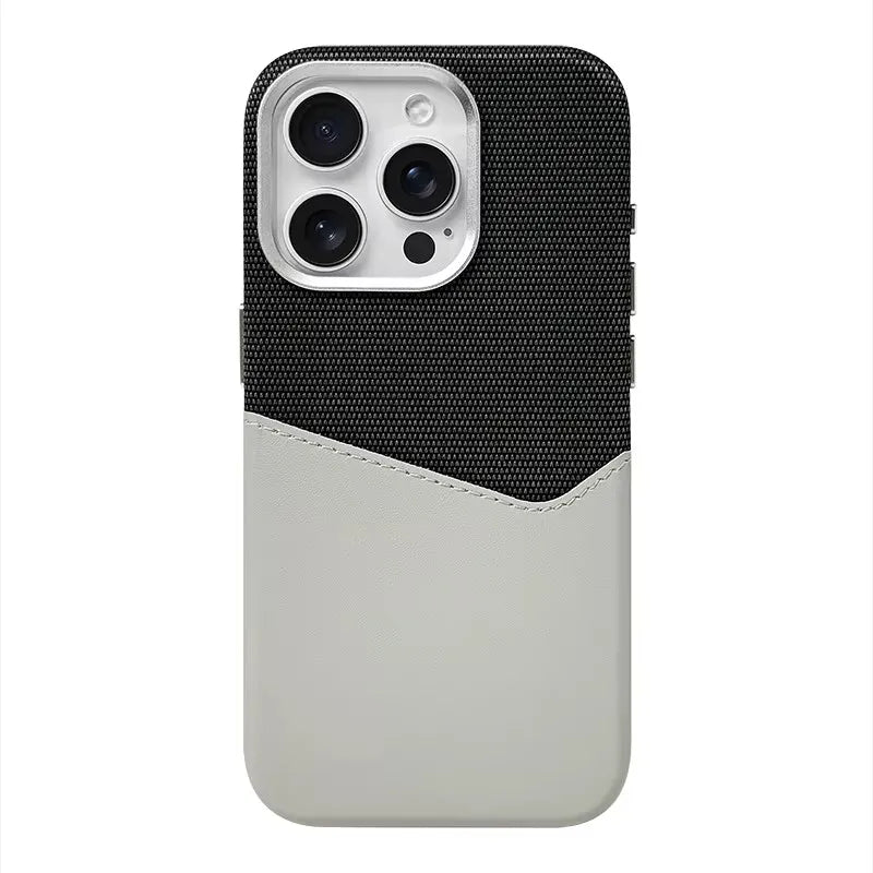 Phone case with black and beige design on a white background