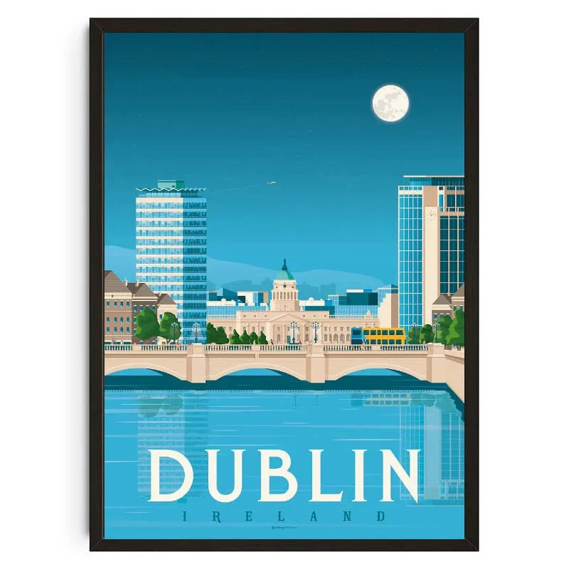 Framed artwork of Dublin skyline with 'Dublin, Ireland' text on a blue background