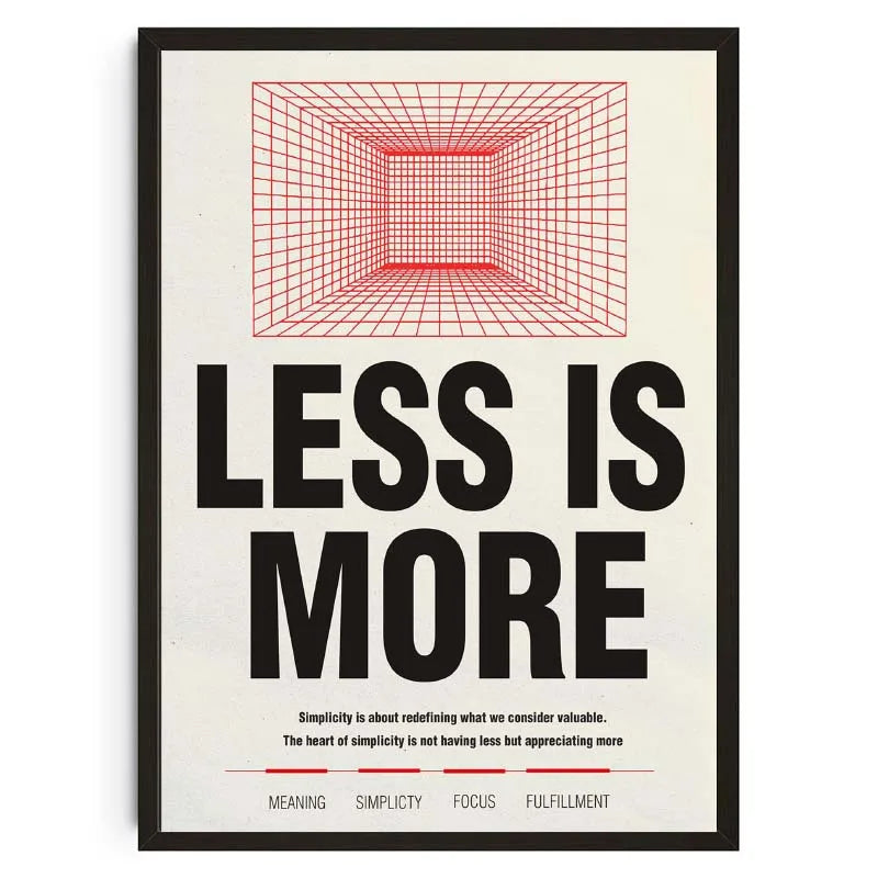 Poster with 'LESS IS MORE' text and red grid design on a white background