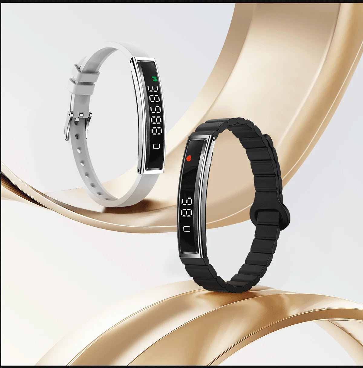 Smart fitness bracelet in gold and white, showing slim touchscreen and silicone/mesh straps.