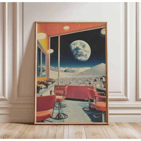 Framed artwork of a futuristic interior with a planet view on a wall.