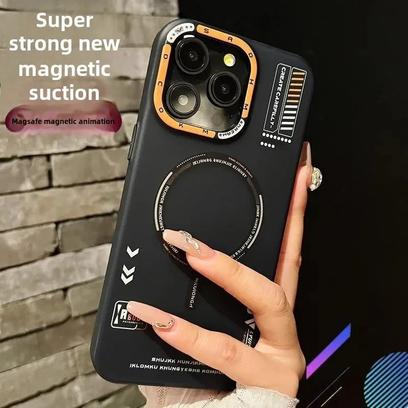 Black phone case with magnetic features held by a hand against a stone wall background