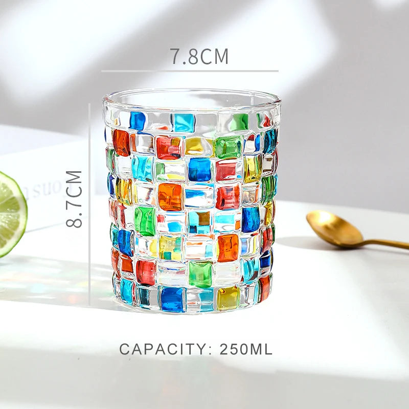 Colorful mosaic glass tumbler with dimensions and capacity on a white background