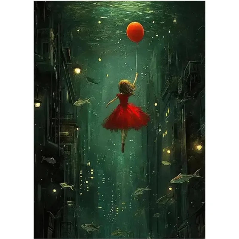 Woman in a red dress floating underwater with a red balloon, surrounded by fish and city lights.