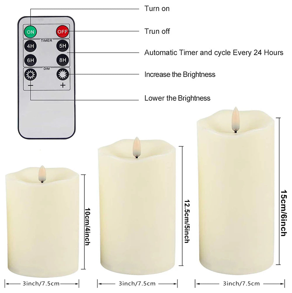 Flickering candles with remote control and dimensions displayed