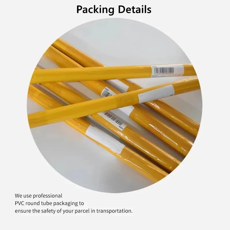 Yellow PVC round tubes with white labels on a gray background, labeled 'Packing Details'.