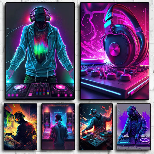Neon-style music wall art showing a DJ and headphones illustrated in vibrant modern colours
