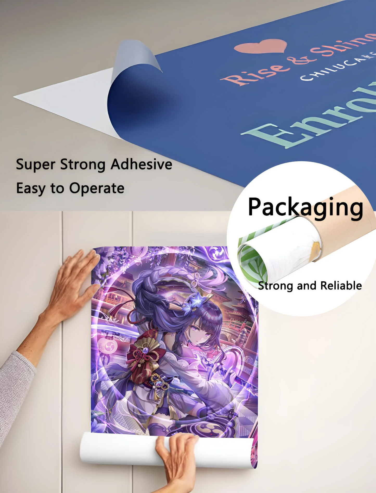 Person unrolling a colorful poster with text and graphics on a light surface.