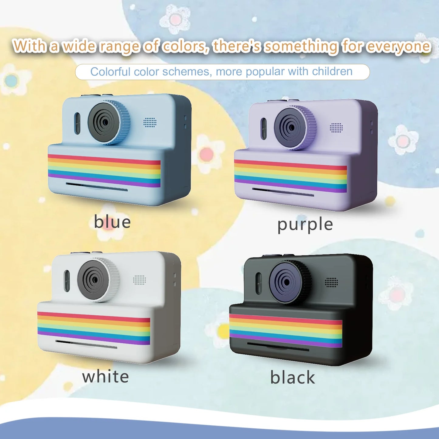 Four colorful instant cameras in blue, purple, white, and black with rainbow stripes on a light blue background.