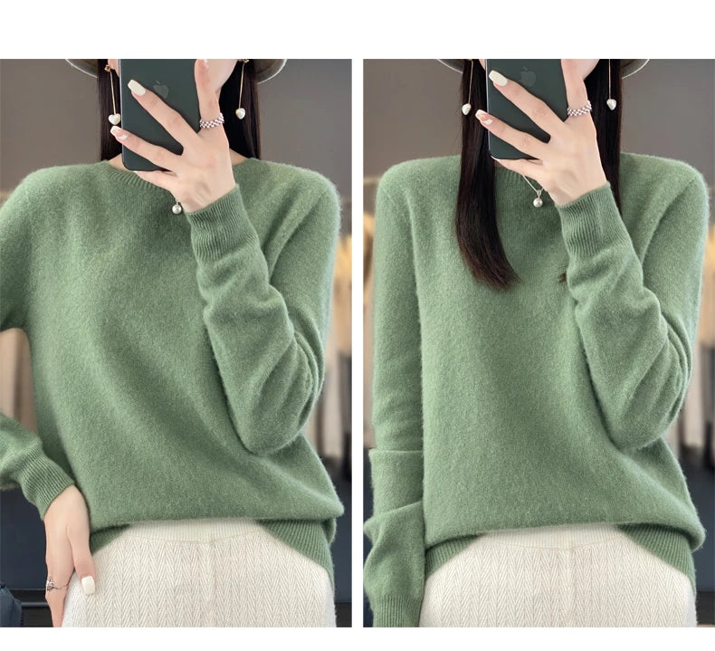 100% Merino Wool Women’s Sweater – Soft Cashmere-Feel O-Neck Pullover, Autumn/Winter Warm Knit Top (14 Colours)