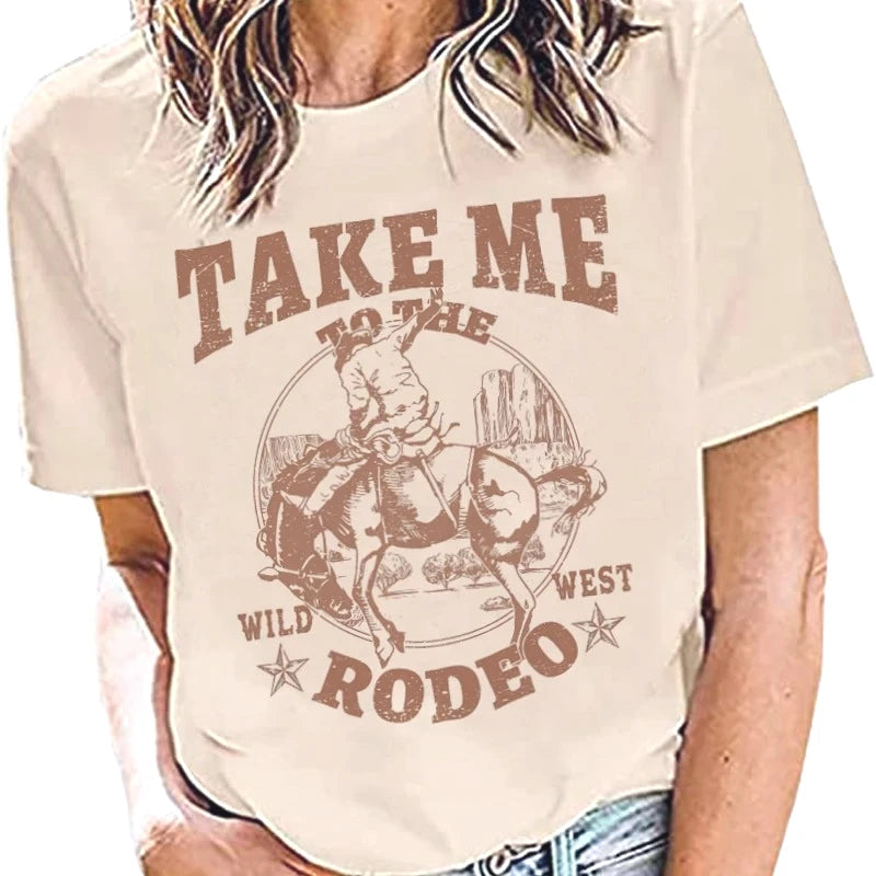 vintage rodeo cowboy graphic t shirt women beige