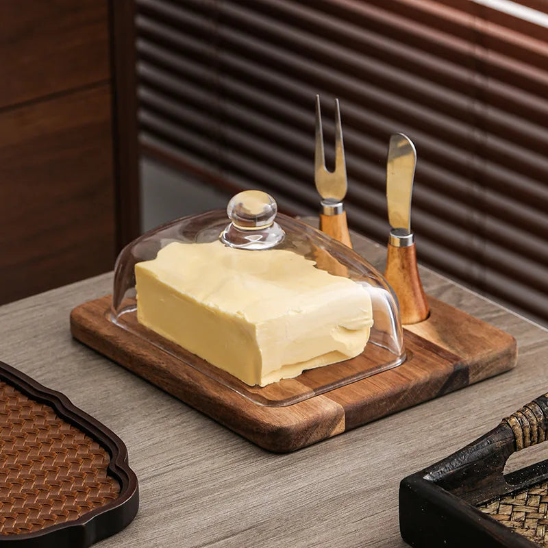 Acacia wood butter dish with clear glass dome and serving knife