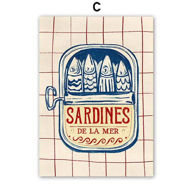 Decorative poster with 'Sardines de la Mer' design on a checkered background