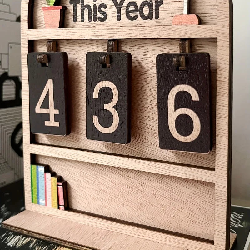 Wooden calendar with numbers '4', '3', '6' on a wooden shelf.