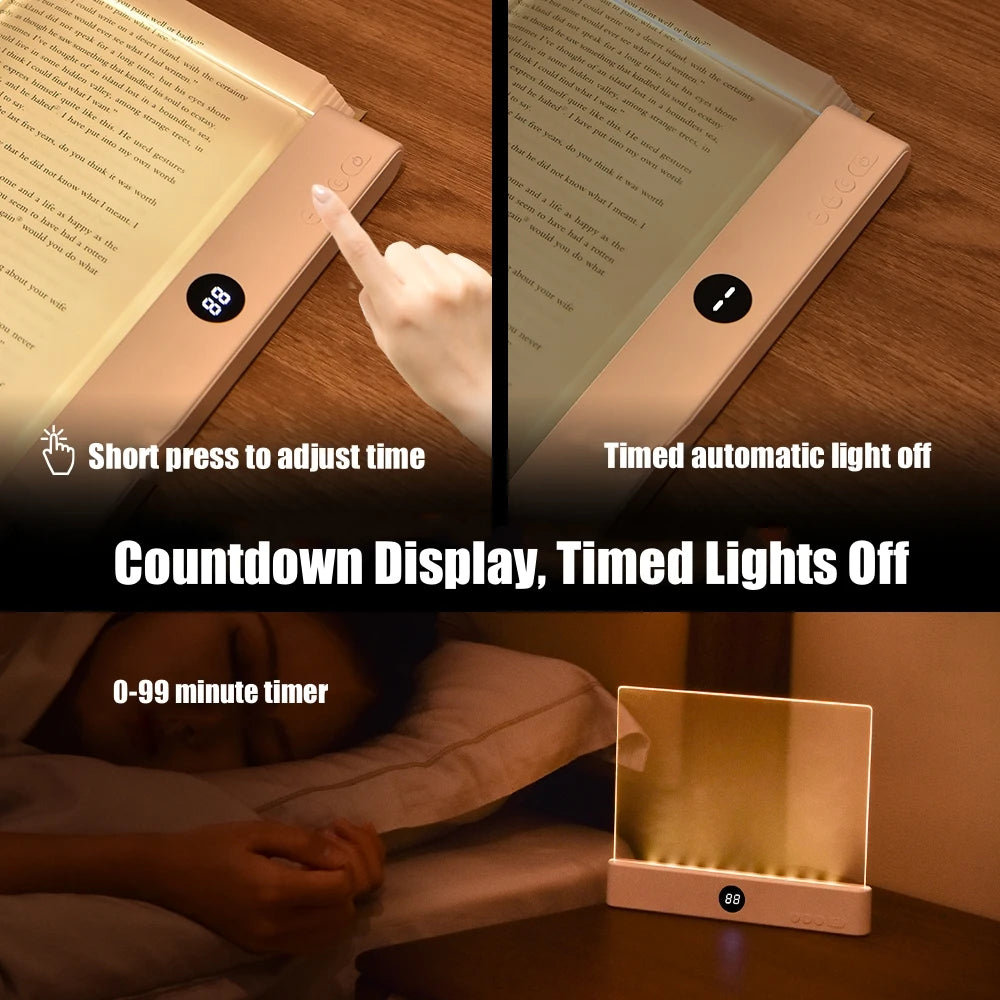 Wooden night light with digital display and timer feature, shown in various settings.