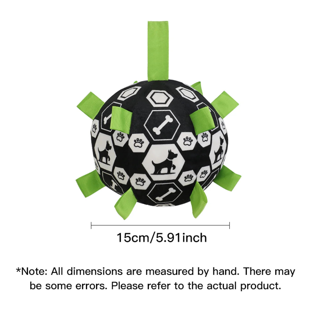 Black and white ball with green tags and measurements on a white background