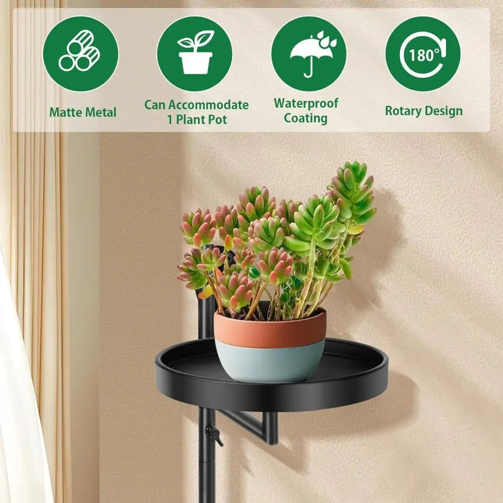 Wall-mounted plant holder with potted plants against a beige wall, featuring product features on a green banner.