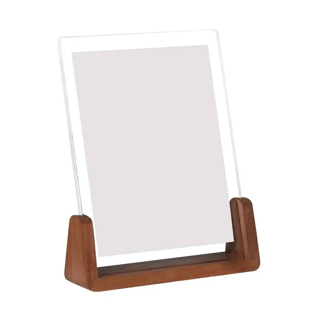 Wooden stand with clear acrylic panel on a white background