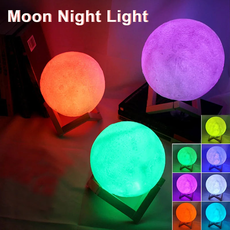 Moon night light with RGB color-changing capabilities on a stand.