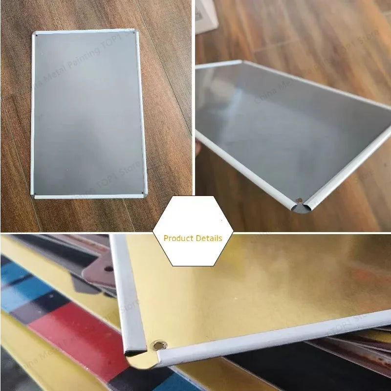 Metallic sign with corner cutout on a wooden surface, showing product details.