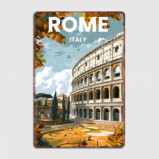 Rome Italy vintage metal wall sign featuring the Colosseum in retro travel poster style
