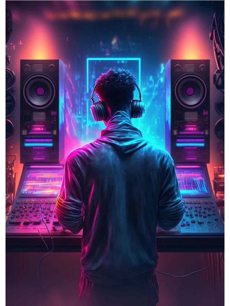 Neon-style music wall art showing a DJ and headphones illustrated in vibrant modern colours
