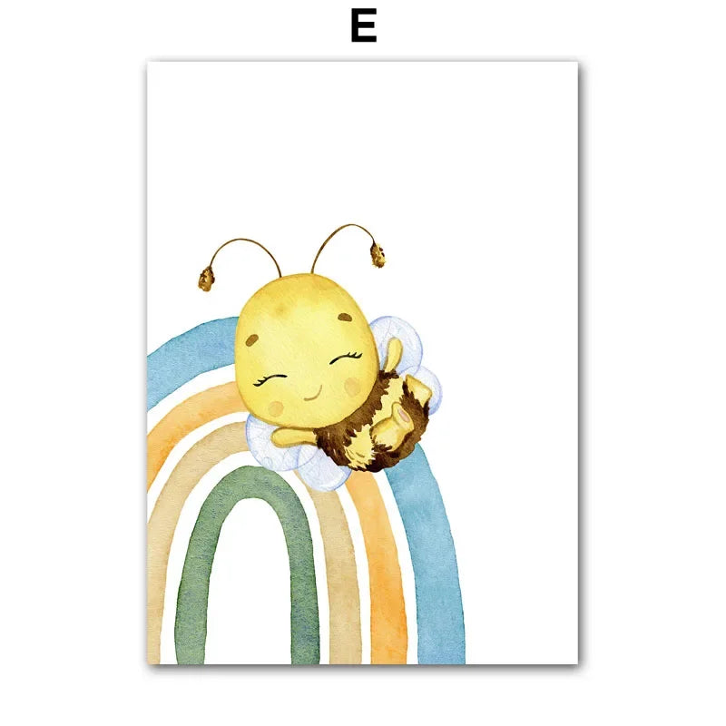 Illustration of a bee on a rainbow with a white background