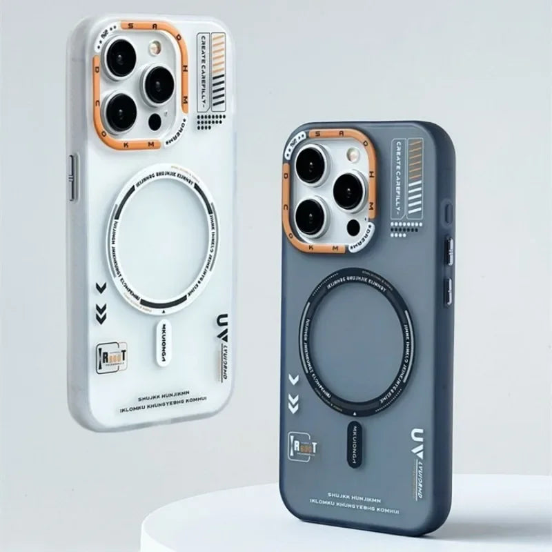Two phone cases, one white and one gray, with a futuristic design on a light gray background.