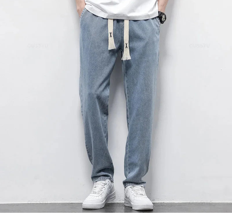Mens elastic waist drawstring jeans straight fit light wash casual denim trousers