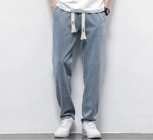 Mens elastic waist drawstring jeans straight fit light wash casual denim trousers
