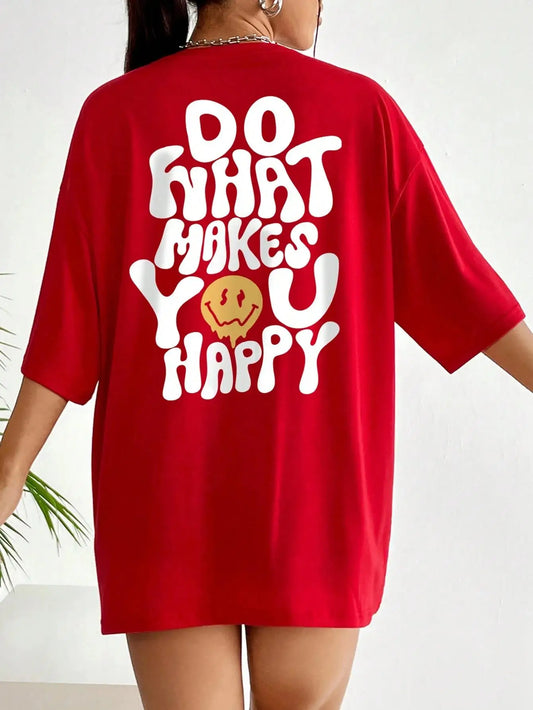 Red t-shirt with 'Do What Makes You Happy' text and smiley face on a white background