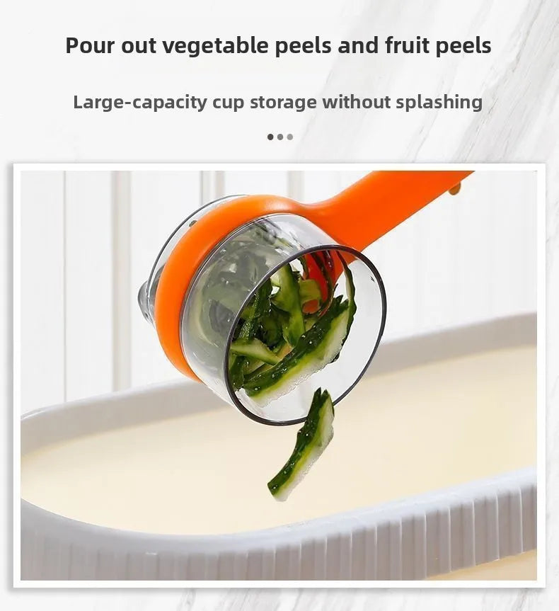 Orange kitchen tool with a clear container for collecting vegetable and fruit peels, set against a white background.