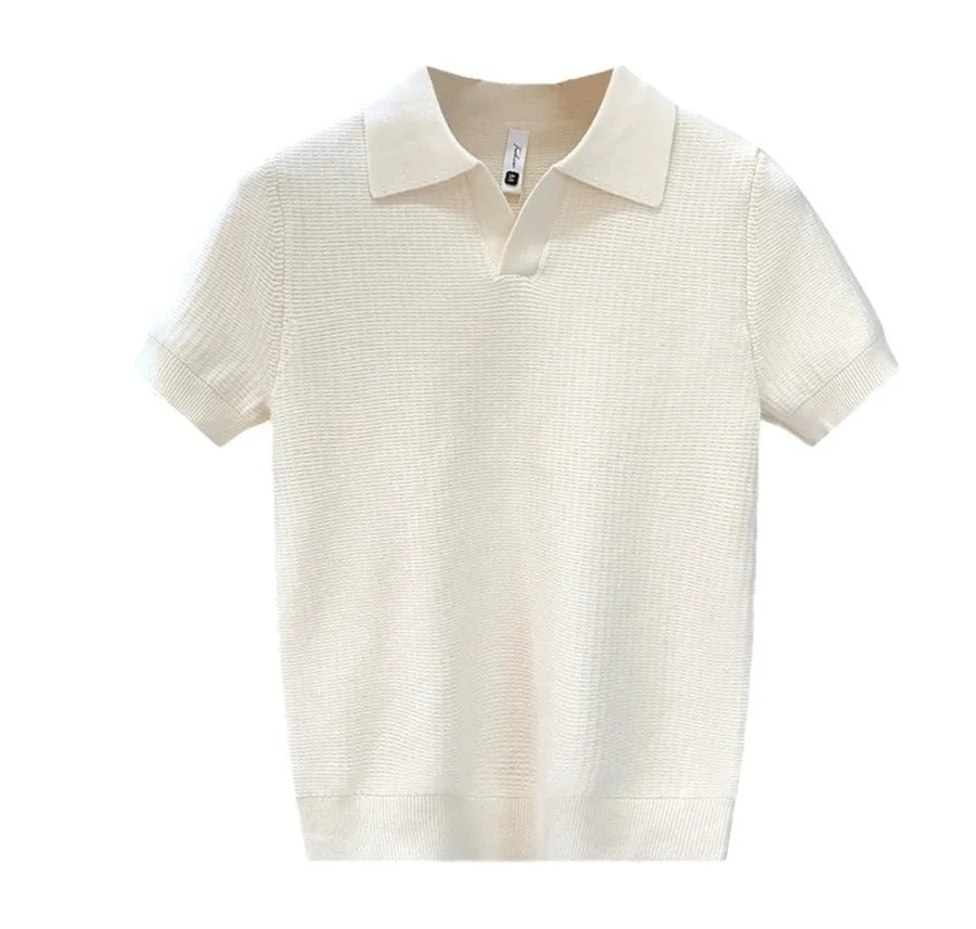 Beige short-sleeve knitted polo shirt on a white background