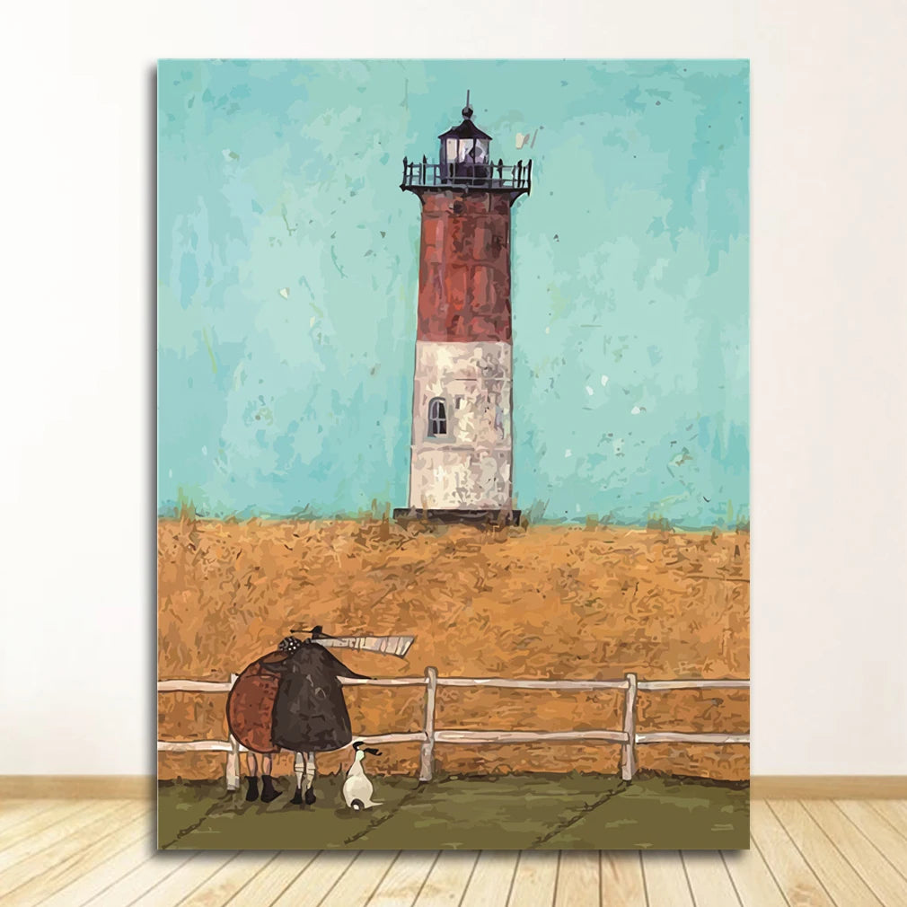 Painting of a lighthouse with a person and dog on a wooden floor.