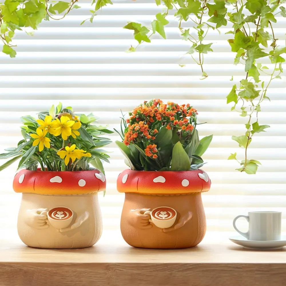 Two mushroom-shaped planters with plants on a wooden surface.