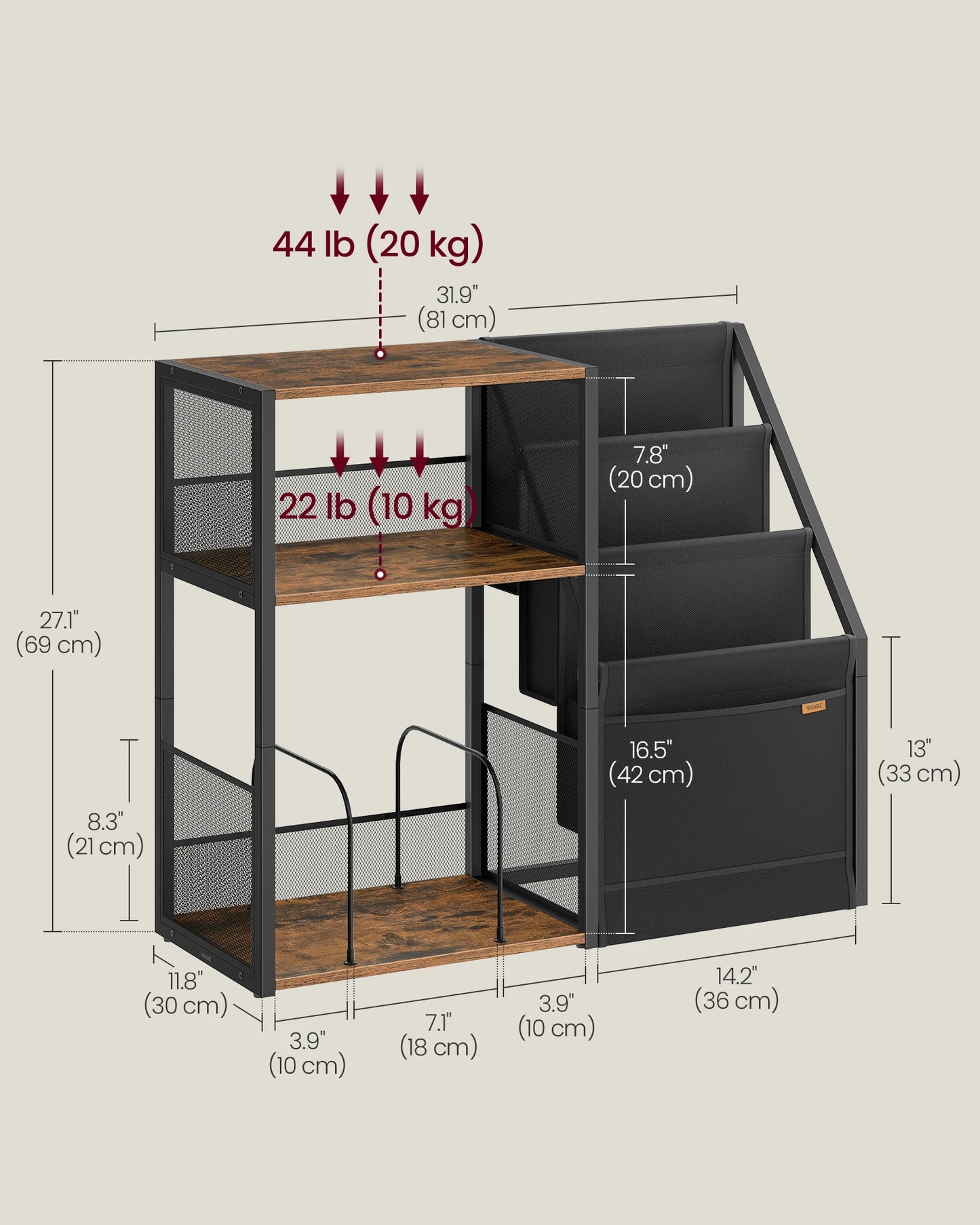 Record Player Furniture with dimensions and weight indicators on a light gray background
