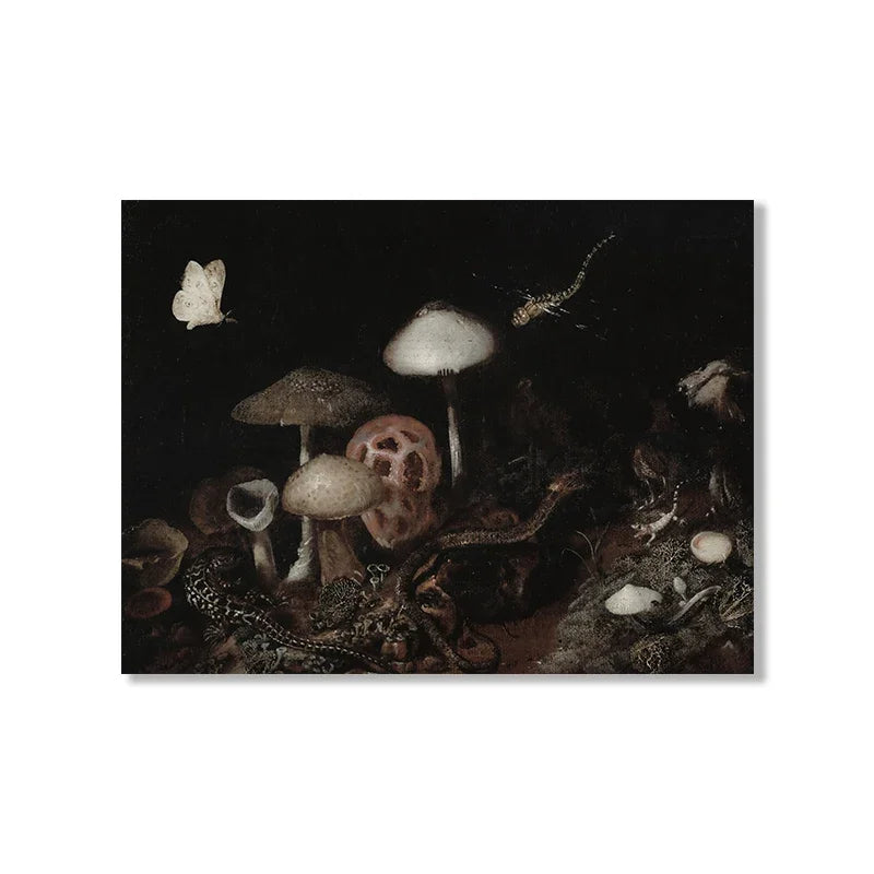 Framed artwork of mushrooms and insects on a dark background